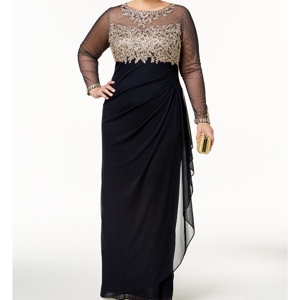 XSCAPE
Plus Size Embroidered Illusion Gown